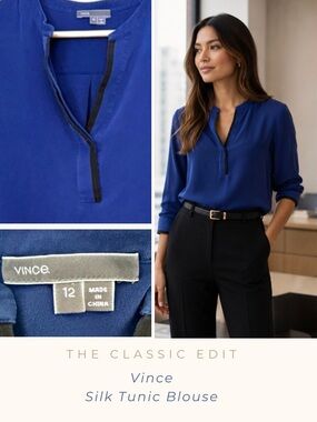 Vince 100% Silk Blouse | Cobalt Blue with Black Trim | Split Neck